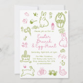 Invitation Déjeuner de Pâques rose et vert et fête de chasse (Devant)