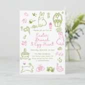 Invitation Déjeuner de Pâques rose et vert et fête de chasse (Debout devant)