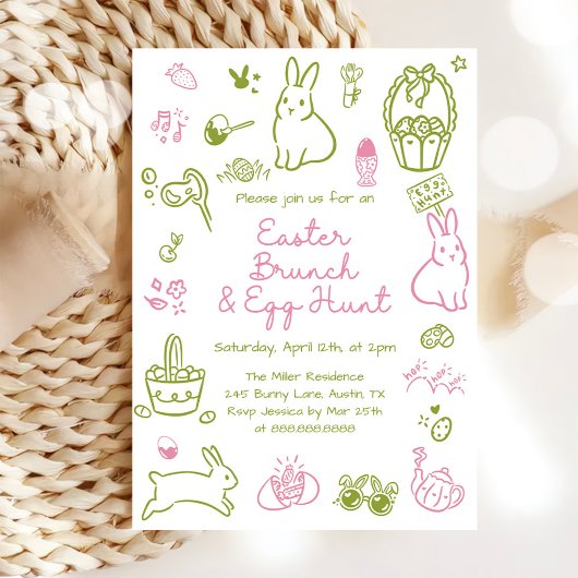 Invitation Déjeuner de Pâques rose et vert et fête de chasse