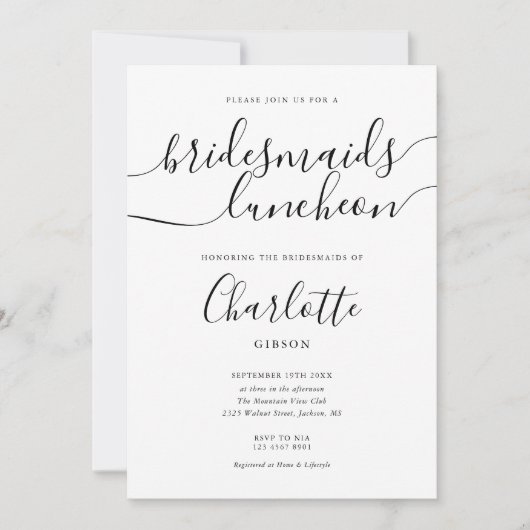 Invitation Déjeuner D'Épouses À Script Noir Et Blanc (Devant)