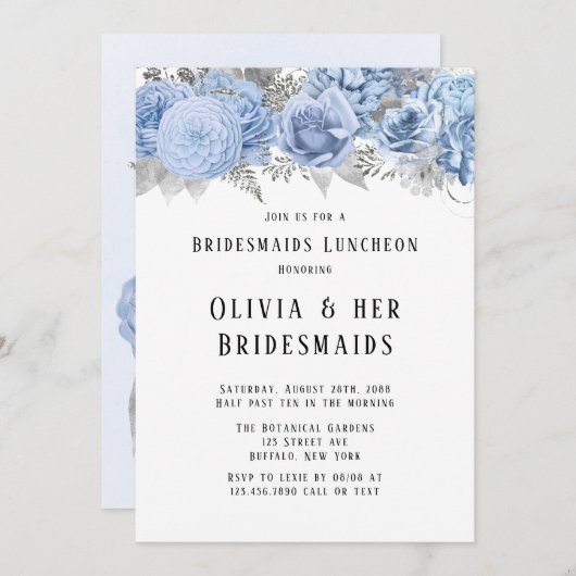 Invitation Déjeuner des Bridesmaides Dusty Blue et Silver Flo (Devant / Derrière)