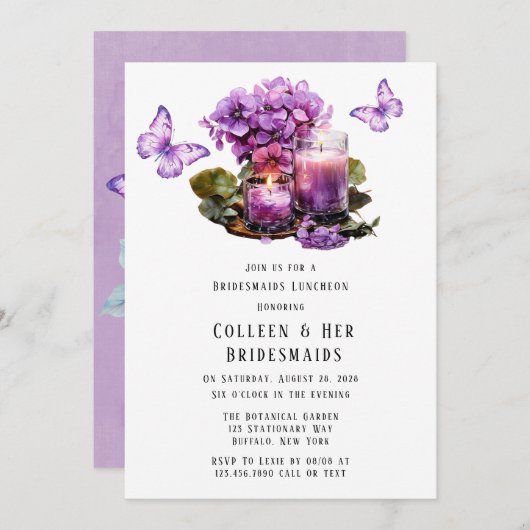 Invitation Déjeuner d'honneur aux papillons Violet Hydrangea (Devant / Derrière)