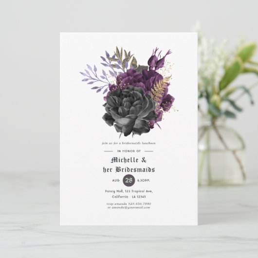 Invitation Déjeuner d'honneur gothique noir et or violet (Debout devant)