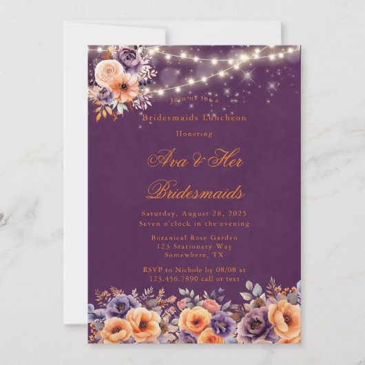 Invitation Déjeuner Eggplant Orange Floral Élégant Bridesmaid (Devant)