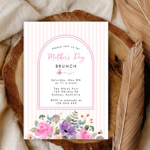 Invitation Déjeuner élégant floral rayé rose pour la fête des
