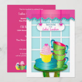 Invitation Déjeuner féminin, tasses à thé, assiettes et gâtea (Devant / Derrière)