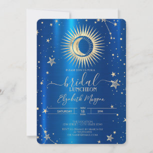 Invitation Déjeuner métallisé bleu soleil et lune étoiles dor