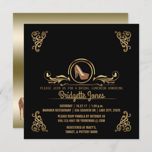 Invitation Déjeuner nuptial Black Gold| Fête de l'mariée Mari (Devant / Derrière)