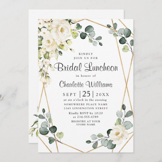 Invitation Déjeuner nuptial blanc Eucalyptus vert (Devant / Derrière)