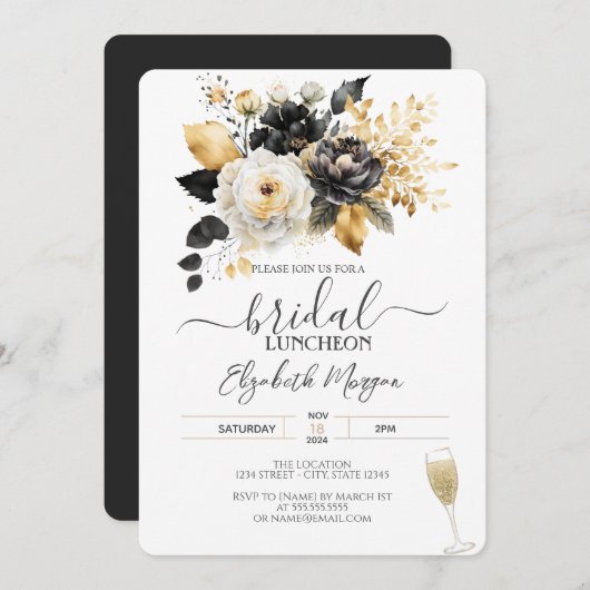 Invitation Déjeuner nuptial de fleurs blanches d'or (Devant / Derrière)