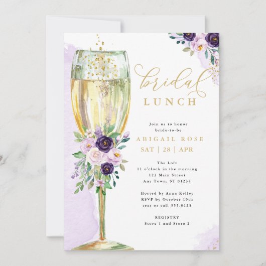 Invitation Déjeuner nuptial Fête des mariées or violet (Devant)