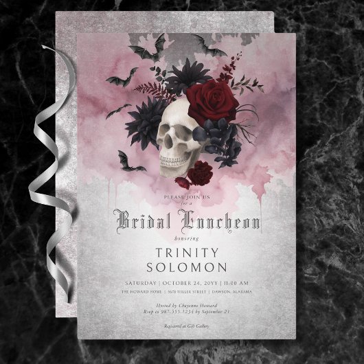 Invitation Déjeuner nuptial gothique noir et bordeaux crâne e