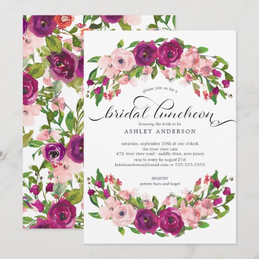 Invitation Déjeuner nuptial rose et marsala floral (Devant / Derrière)