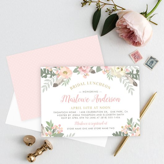 Invitation Déjeuner nuptial rose et or Floral Boho