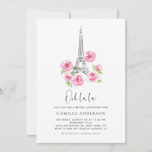 Invitation Déjeuner nuptial rose floral Ooh la la Eiffel (Devant)