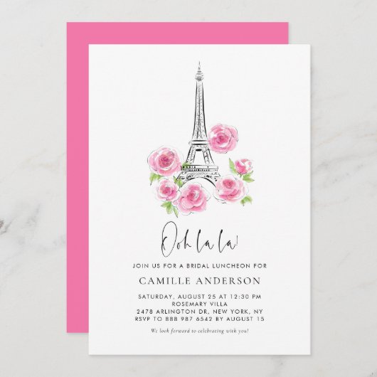 Invitation Déjeuner nuptial rose floral Ooh la la Eiffel (Devant / Derrière)