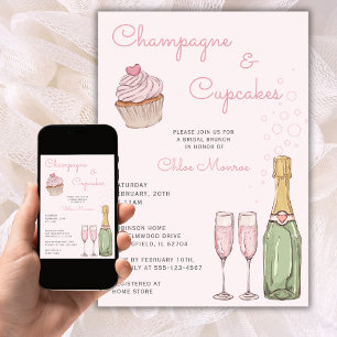 Invitation Déjeuner nuptial rose moderne Champagne & Cupcakes