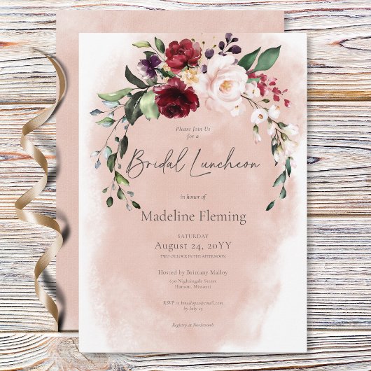 Invitation Déjeuner nuptial rustique Bourgogne et rose pâle R