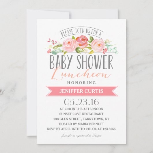 Invitation Déjeuner sur bannière rose | Baby shower (Devant)