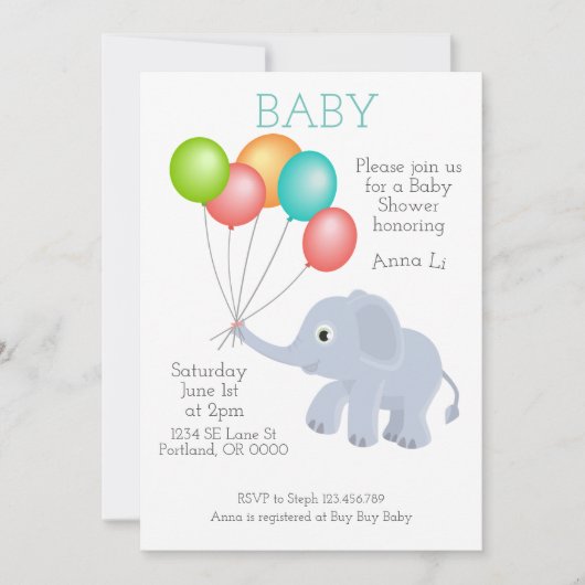 Invitation d'éléphant baby shower (Devant)