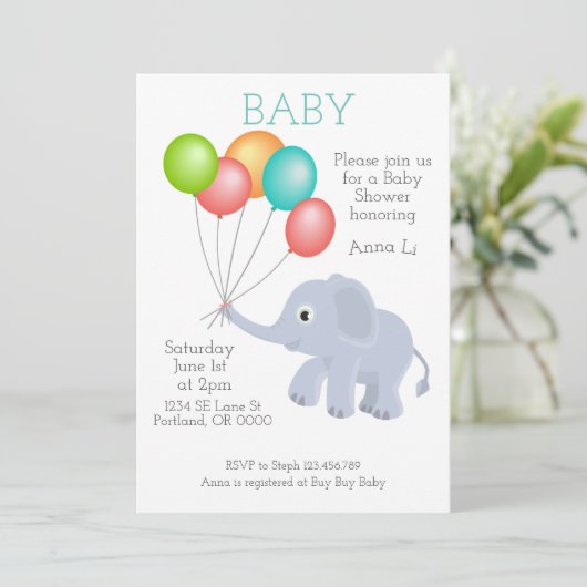 Invitation d'éléphant baby shower (Debout devant)