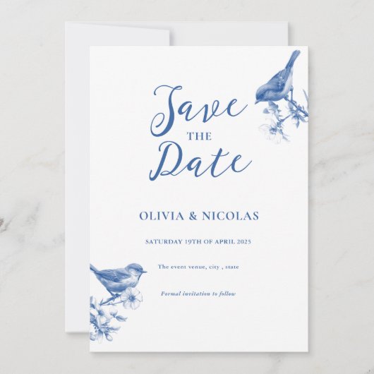 Invitation Delft Blue Birds Spring Enregistrer La Date Annonc (Devant)