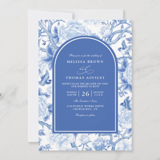 Invitation Delft Blue White Chinois Floral QR Code Wedding (Devant)