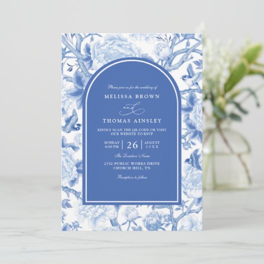 Invitation Delft Blue White Chinois Floral QR Code Wedding (Debout devant)