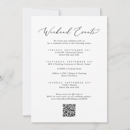 Invitation Délicat Black Weekend Events QR Code Mariage (Dos)