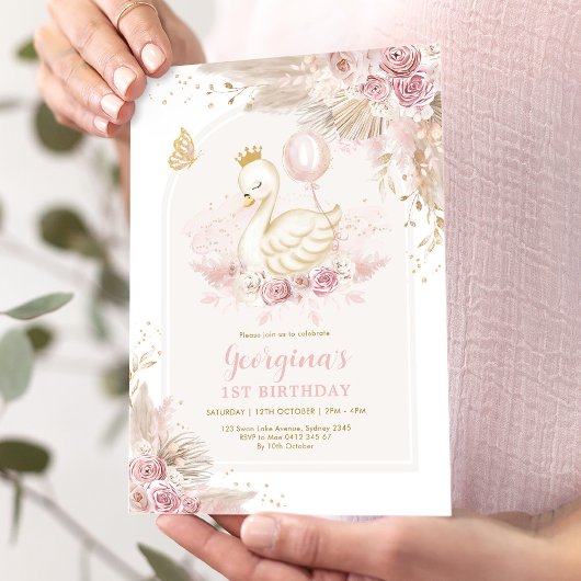 Invitation Délicat Blush Boho Swan Princess Girl Anniversaire