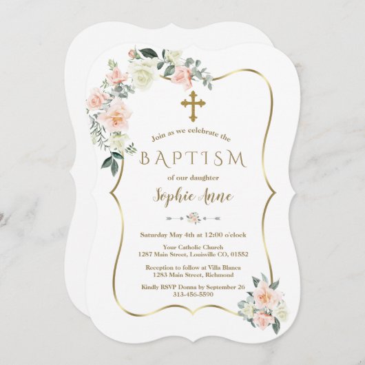 Invitation Délicat Blush Fleurs Blanches Or Girl Baptême (Devant / Derrière)
