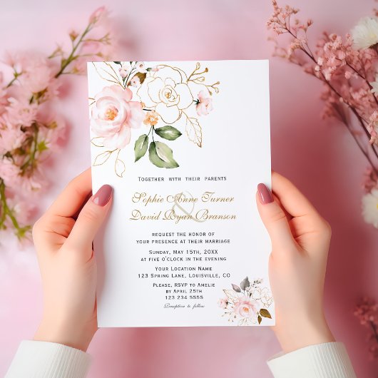 Invitation Délicat Blush Gold Flowers Monogram Mariage
