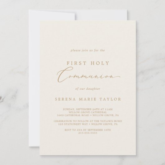 Invitation Délicat Crème Or Première Communion Sainte (Devant)