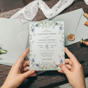 Invitation Délicat Dusty Blue Floral & Feuille Frame Mariage