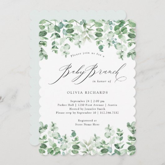 Invitation Délicat Eucalyptus| Aquarelle Bébé Brunch (Devant / Derrière)
