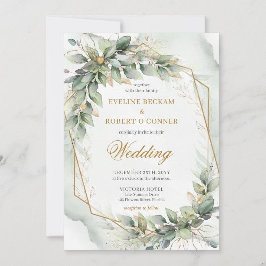 Invitation Délicat eucalyptus vert et mariage or (Devant)
