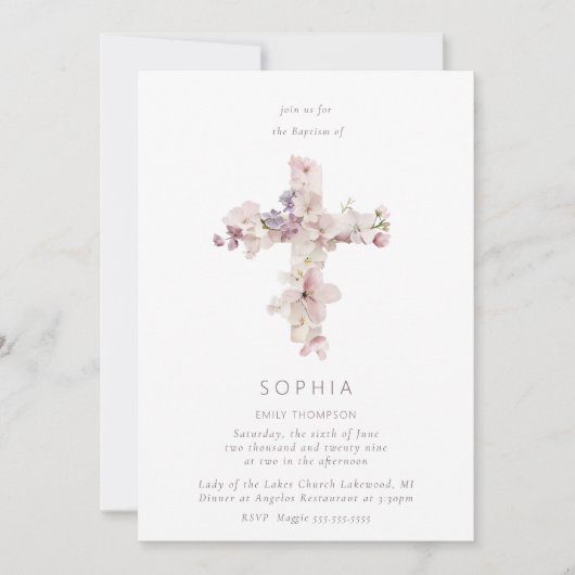 Invitation Délicat Fleur Croix Baptême Christening (Devant)