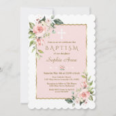 Invitation Délicat Fleurs Roses Blancs Croix Or Baptême (Devant)