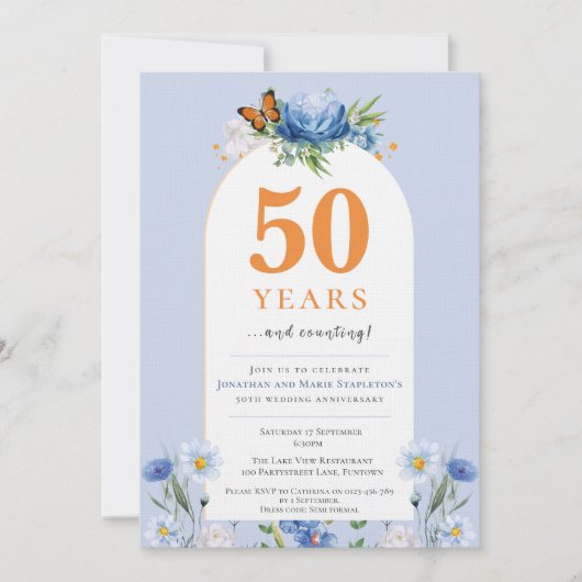 Invitation Délicat Florals bleu orange Mariage Anniversaire (Devant)