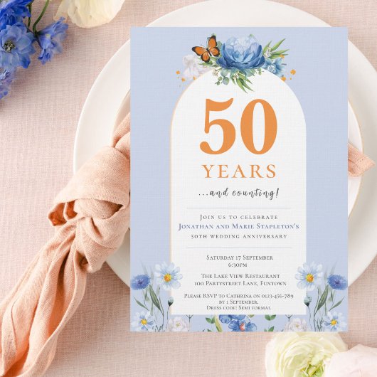 Invitation Délicat Florals bleu orange Mariage Anniversaire