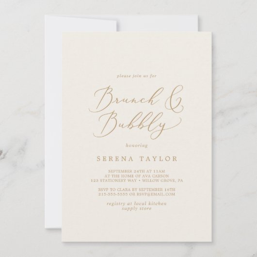 Invitation Délicat Gold et crème Brunch et Bubbly (Devant)
