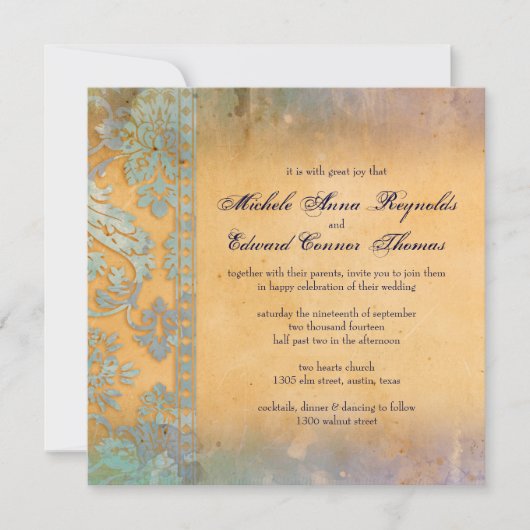Invitation Délicat Mariage de dentelle bleu Grunge Damask (Devant)