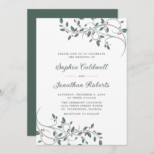 Invitation Délicat Noël Botanical QR Code Mariage (Devant / Derrière)