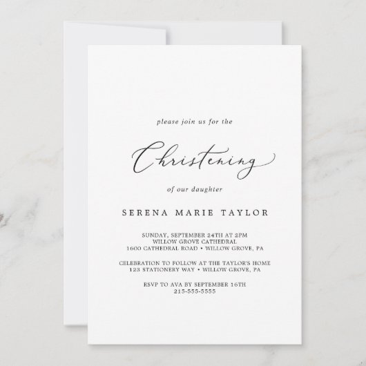 Invitation Délicat Noir Calligraphie Christening (Devant)