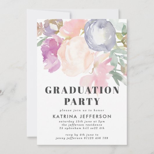 Invitation Délicat Pastel Aquarelle Florale fête de graduatio (Devant)