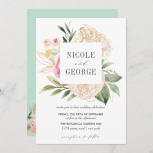 Invitation Délicat Peony Gold Typographie Aquarelle mariage