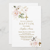 Invitation Délicat Rose Blush Or Fleurs Croix Baptême (Devant / Derrière)