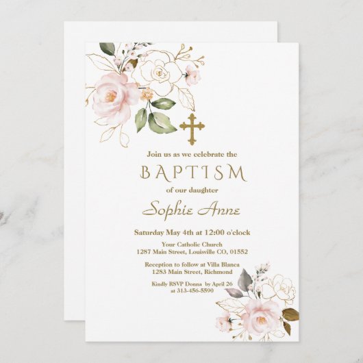 Invitation Délicat Rose Blush Or Fleurs Croix Baptême (Devant / Derrière)