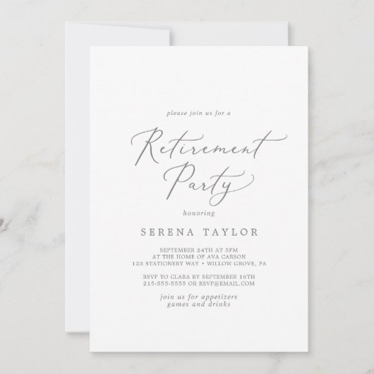 Invitation Délicat Silver Calligraphie Parti de retraite (Devant)