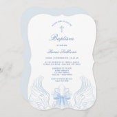 Invitation Delicate Angel Wings Blue Bow Baptism (Devant / Derrière)